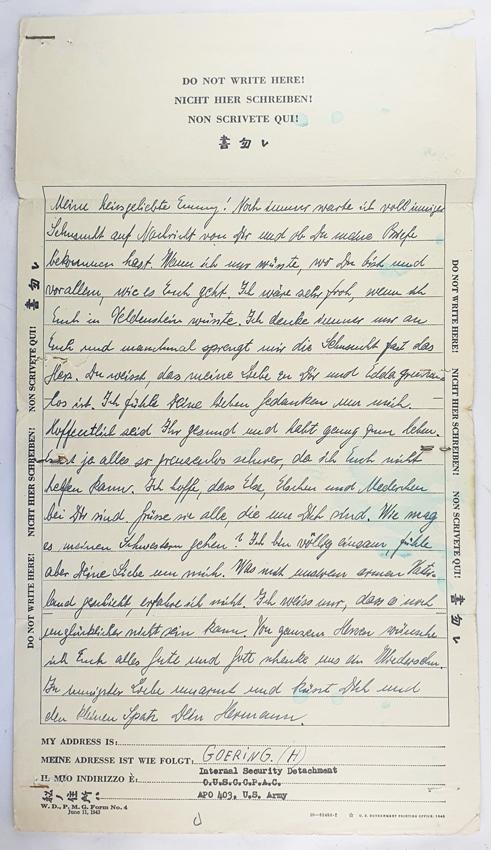 Lettre de Hermann Göring - prisonnier à Nuremberg