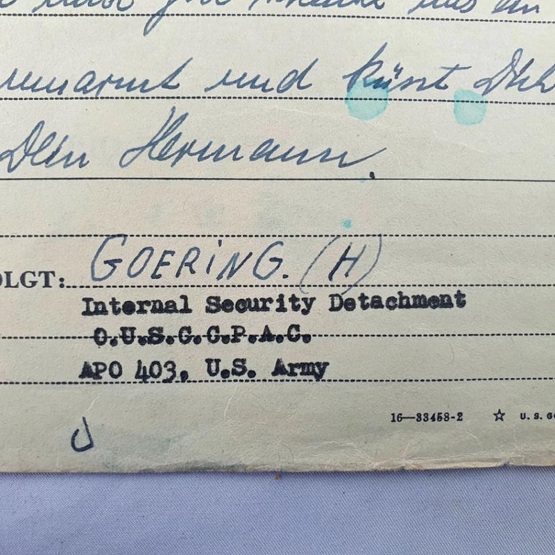 Lettre de Hermann Göring - prisonnier à Nuremberg