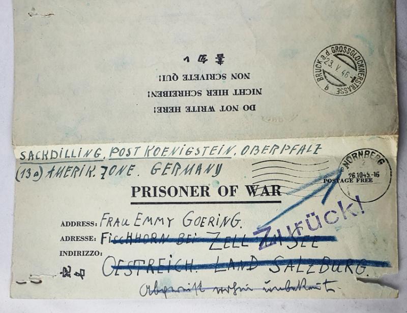 Lettre de Hermann Göring - prisonnier à Nuremberg